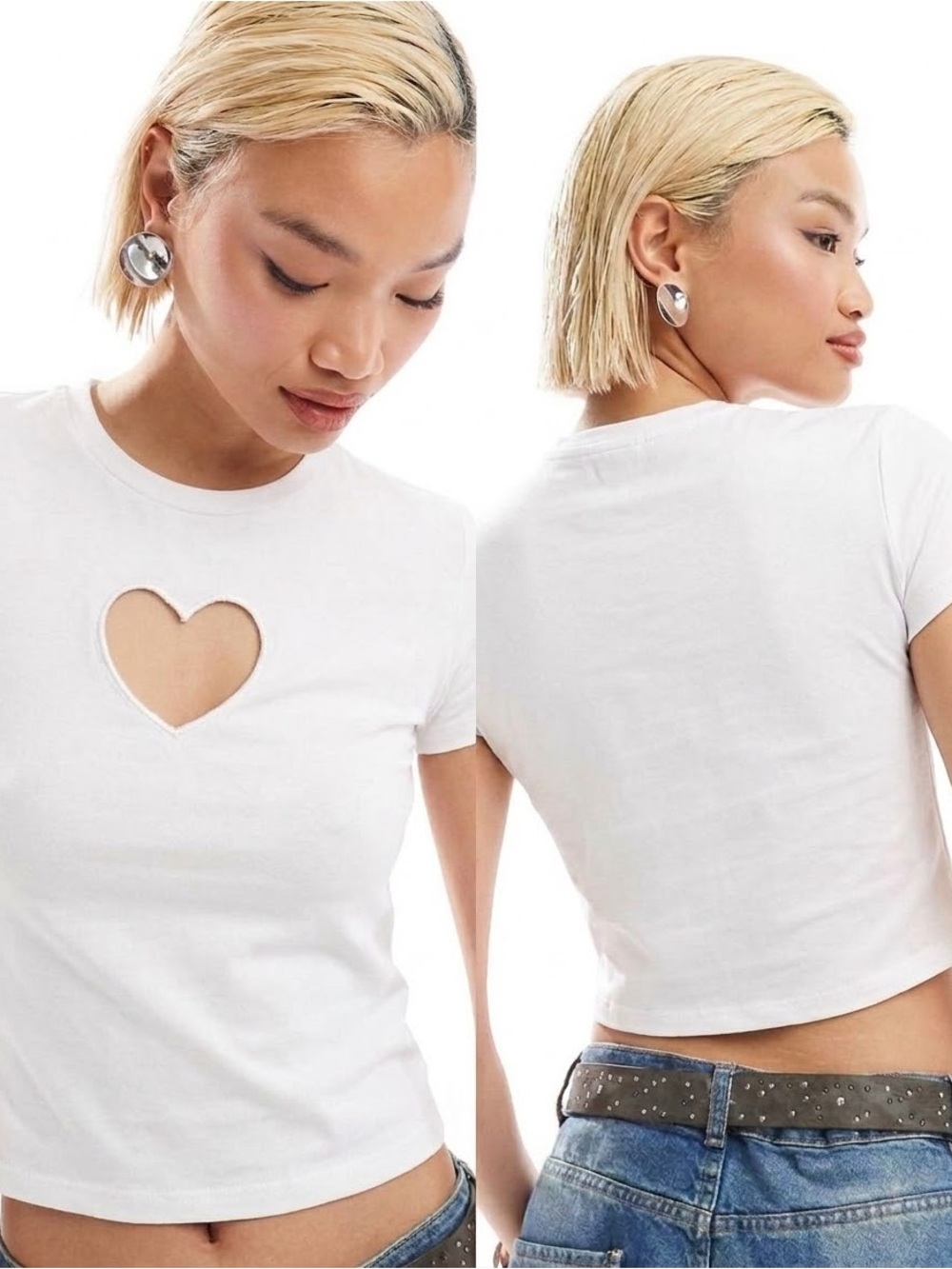 MONKI White Short Sleeve Cut Out Heart Baby Crop Tee L Y2K Minimalist Capsule